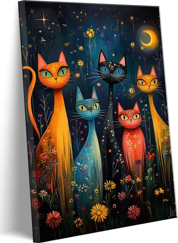 Vista 10 de Lienzo de paisaje victoriano OVNI para pared, diseño divertido de alienígena montando un gato, cuadros eclécticos de gato, póster impreso