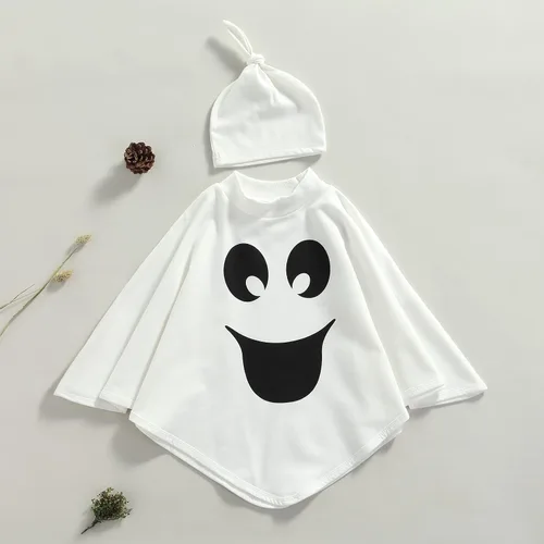 Vista 2 de Disfraz de Halloween para bebé, niña, niño, capa de fantasma, capa con estampado de mueca y sombrero, traje de cosplay B-blanco Smiley Capa Con