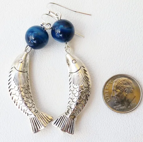 Vista 7 de 5 Silver Fish Pendants Nautical Gemstone Blue Agate Necklace Earrings One of a Kind