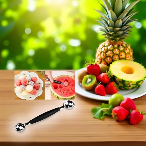 Vista 4 de Cuchara de melón de acero inoxidable 2 en 1, cuchara de melón de doble cara, helado de melón de sandía adecuado, cómodo agarre antideslizante