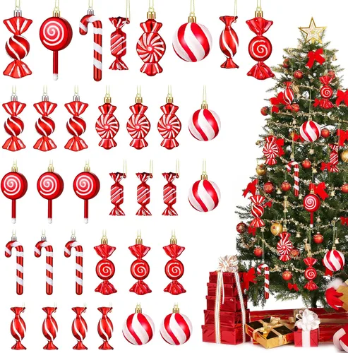 Vista 9 de Aoriher 24 piezas de adornos de bastón de caramelo de Navidad, rojo y blanco, de plástico, bastón de caramelo de menta, decoraciones de Navidad
