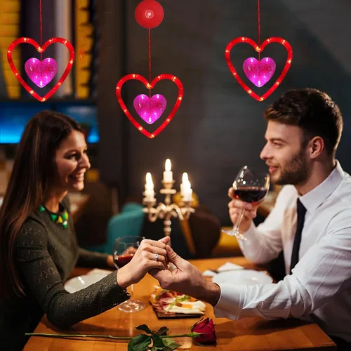 Vista 5 de Decoraciones de San Valentín, paquete de 3 luces de ventana de San Valentín, funciona con pilas, luces de corazón rojo y rosa con gancho de ventosa