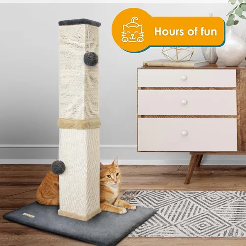 Vista 5 de Pawbee Torre rascador para gatos de 32 pulgadas con cascabeles y bolas de felpa, torre de sisal con base más grande para una mejor estabilidad, Beige