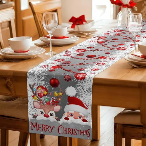 Vista 6 de Camino de mesa de Navidad con alce de Papá Noel gris de 120 pulgadas de largo, bufandas de vestir de granja, bolas de Navidad rojas, copo de nieve