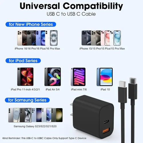 Vista 2 de Cargador para iPhone 17 16 15 de carga rápida, bloque de cargador de pared USB C de 20 W con cable tipo C a C de 6 pies para Apple iPhone 17/17