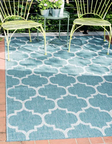 Vista 32 de Unique Loom Outdoor Trellis Collection Alfombra de Área (5' 1" x 8' Oval, Aguamarina/Gris)