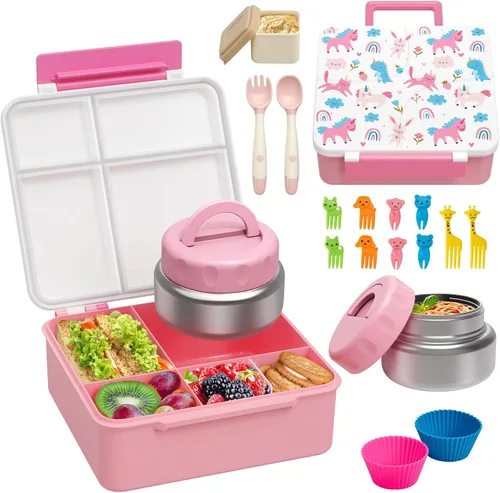 Vista 8 de Lonchera Bento con termo de sopa de 9.5 onzas, a prueba de fugas, 4 compartimentos, con cupcake de silicona, tenedor de frutas, cuchara y taza