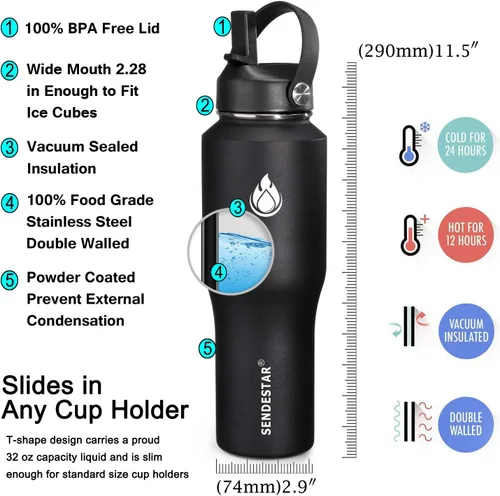 Vista 5 de SENDESTAR - Botella de agua de 0,9 L, 2 tapas (tapa con pajita), boca ancha de acero inoxidable aislada al vacío, doble pared, mantiene los líquidos