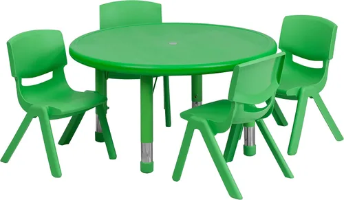 Vista 6 de Flash Furniture Emmy - Juego de mesa redonda de plástico rojo de 33 pulgadas con 4 sillas Mesa ajustable en altura, construcción duradera, uso