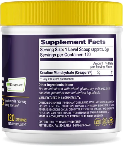Vista 2 de Healthy Origins® Performance Creatine with Creapure®, polvo sin sabor, apoya la función muscular, energía y recuperación, 21.2 oz (600 g), 120