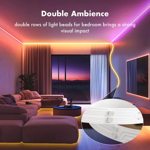 Vista 3 de Tira de luces LED para dormitorio, 2025 doble fila de 30.5 m, 960 LEDs RGB, tiras de luces sincronizadas con música, cambio de color, control remoto