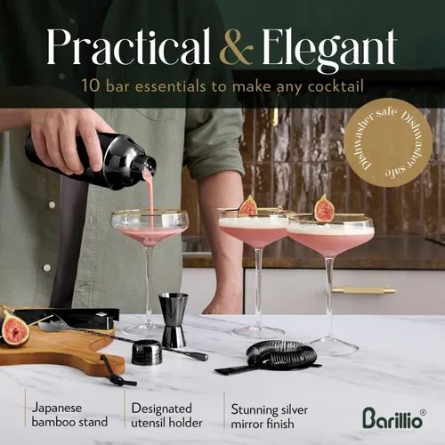 Vista 5 de Barillio Black Bartender Kit – Juego de coctelera de acero inoxidable con soporte de bambú – Herramientas de barra de mixología con coctelera