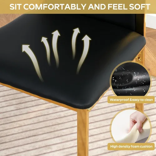 Vista 5 de Moderno juego de mesa de comedor rectangular de vidrio para 4, 63 pulgadas, mesa transparente de cocina de lujo con base negra y dorada, 4 sillas