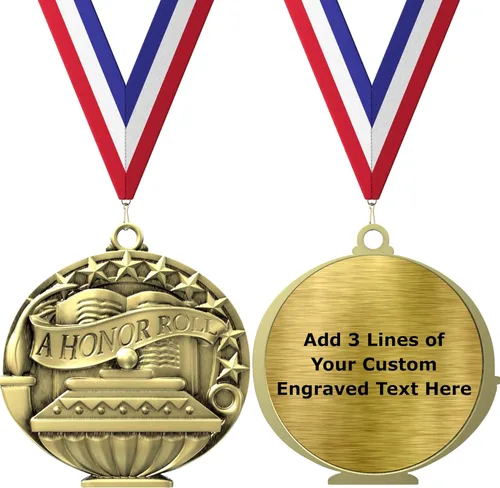 Vista 10 de Express Medals Pack of 10 (or More) Engraved Scholastic Honor Roll Award Medals with RWB Neck Ribbons
