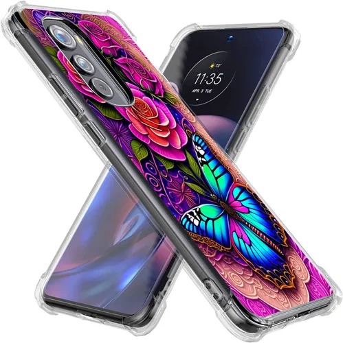Vista 2 de Funda para Motorola Edge 2022, diseño de flores de mariposa azul, rosa, protección contra caídas, a prueba de golpes, funda protectora de cuerpo