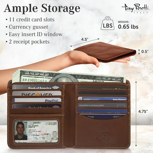 Vista 2 de Tony Perotti Men's Italian Leather Bifold Wallet With Card Holders, Pockets, ID Window - Eco-Friendly Vegetable-Tanned