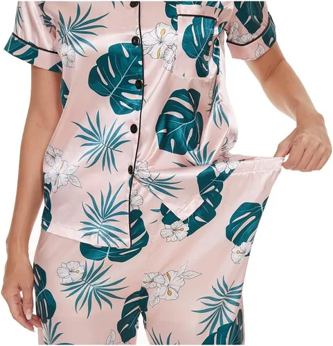 Vista 6 de VENTELAN Womens Silk Satin Pajama Sets Short Sleeve Button Down Top and Long Pants 2 Piece Pjs Set Soft Sleepwear