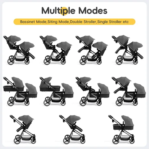 Vista 4 de MU Cochecito doble, cochecito plegable en tándem doble con respaldo ajustable, asiento reversible, arnés de 5 puntos, canasta de almacenamiento Gris