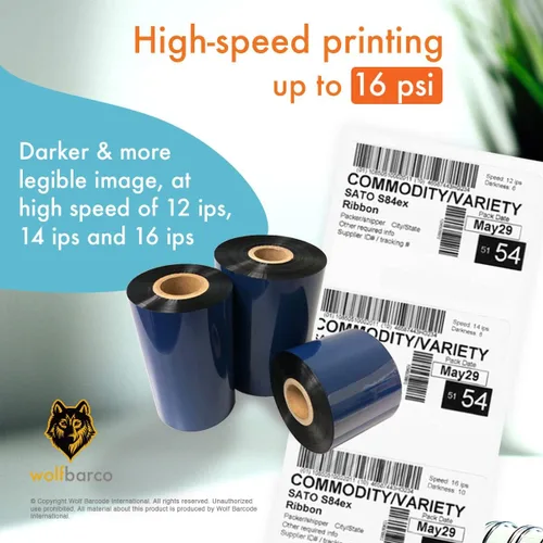 Vista 4 de Wolfbarco 1 Roll 1.57" x 1476' (40mm x 450m) Premium Resin Enhanced Wax Thermal Transfer Ribbon 1" Core, Coated Side Out for Zebra Printers