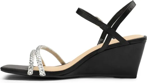 Vista 2 de DREAM PAIRS Sandalias de cuña con tiras para mujer, sandalias de tacón bajo con diamantes de imitación, puntera abierta, para boda, fiesta, boda
