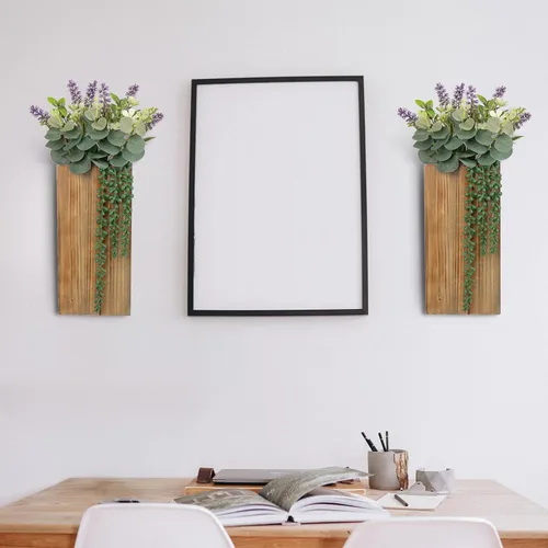 Vista 6 de Macetas de pared de madera, paquete de 2 con plantas de vegetación artificial - jarrones de pared de bolsillo para flores secas - decoración