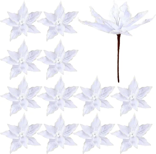 Vista 11 de Zeyune 6 Piezas Flores de Pascua Azules de Navidad Artificiales Grandes Espinas de Pascua Falsas Flores de Franela con Borde Helado para Adornos