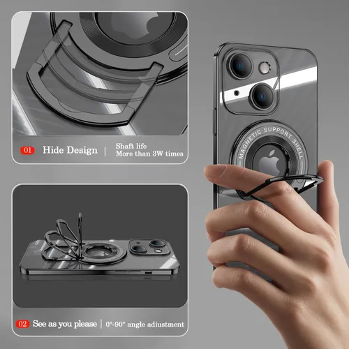 Vista 4 de QLTYPRI Funda magnética transparente para iPhone 15 compatible con MagSafe, soporte de anillo invisible, protección completa para lente de cámara