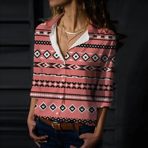 Vista 4 de Blusas elegantes para mujer, estilo casual, manga larga, con estampado geométrico, con solapa, botones, ajuste holgado para otoño
