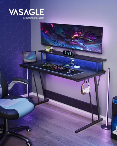 Vista 4 de VASAGLE ULWD092B56 - Escritorio LED para juegos con tomas de corriente, escritorio de computadora con puertos USB, escritorio de oficina con soporte