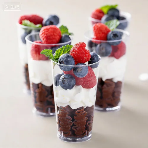 Vista 6 de Zezzxu Mini tazas de postre de 3 onzas con tapas y cucharas, paquete de 50 vasos de plástico transparente para postres pequeños vasos de chupito