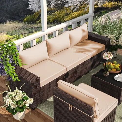 Vista 6 de Juego de muebles de patio al aire libre, 7 piezas, sofá seccional de mimbre con cojines y mesa de té, sofá de conversación de ratán para patio Beige