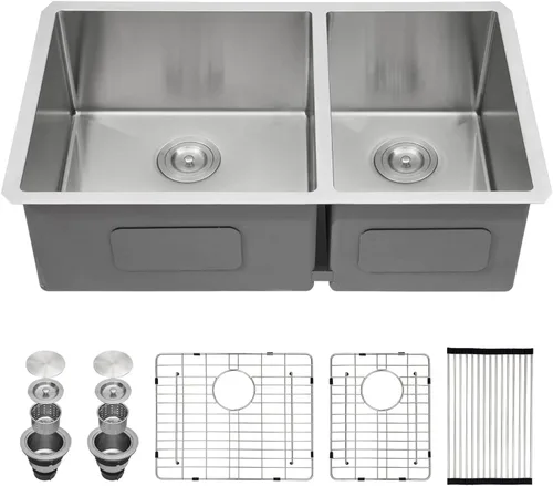 Vista 25 de Sarlai Fregadero de Cocina Dorado Bajo Encimera de 33 Pulgadas Doble Tazón 33 x 19 Pulgadas Bajo Dividido Dorado Estación de Trabajo Fregadero Doble