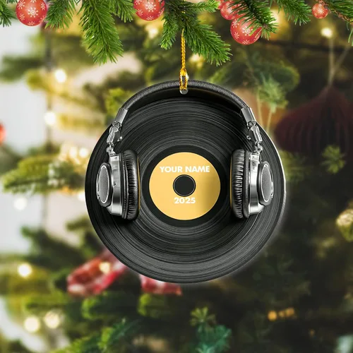 Vista 5 de Adorno de Navidad personalizado, máquina de discos de vinilo, adorno plano 2D, adorno para tocadiscos, instrumento musical, decoración de árbol