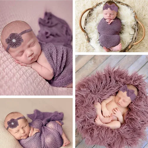 Vista 6 de 4 piezas de accesorios de fotografía para recién nacidos Envoltura larga de bebé y mantas de bebé Tapete de fotografía con bonitas diademas
