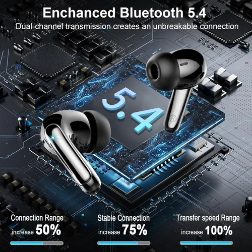 Vista 2 de Auriculares inalámbricos, auriculares Bluetooth 5.4, micrófono con cancelación de ruido ENC con graves estéreo, auriculares de reproducción de 40