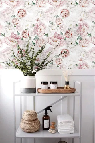Vista 6 de Blooming Wall PS040 - Papel tapiz autoadhesivo para despegar y pegar, con peonía fresca, color blanco y rosa Rosado/Blanco