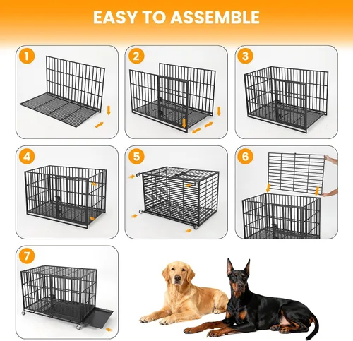 Vista 7 de Heavy Duty Escape-Proof Dog Crate - Durable Metal Kennel with 3 Doors, Removable Tray & Wheels, Indestructible Indoor Cage for Large/Medium Dogs