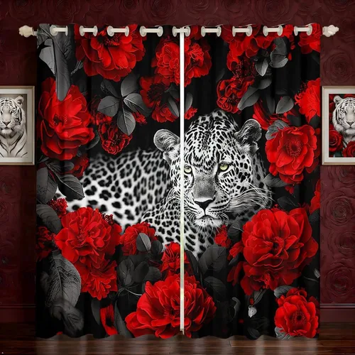 Vista 15 de Erosebridal Cortinas de Rosas Rojas 3D Tratamientos para Ventanas de Guepardo, Paneles de Cortinas con Estampado de Gato Leopardo para Sala