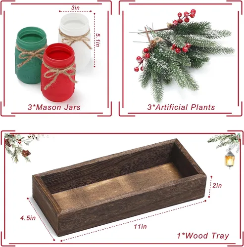 Vista 3 de Frascos Mason de invierno, centros de mesa de invierno para mesas, bandeja de madera y 3 frascos decorativos pintados, decoración de centros de mesa