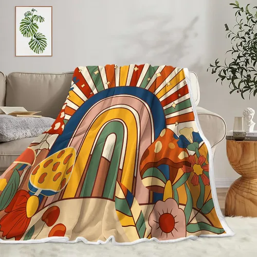 Vista 2 de Manta retro de los años 70 con diseño de hongos florales de mediados de siglo, manta de franela suave, ligera, regalos de felpa para mujeres