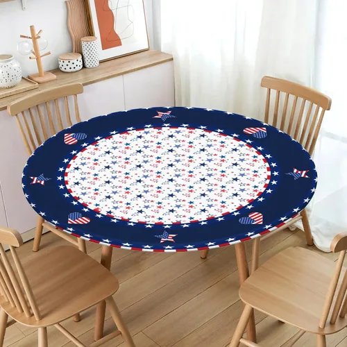 Vista 2 de Mantel redondo ajustable para el 4 de julio con borde elástico, impermeable, lavable, azul, rojo, blanco, estrella, patriótica, independencia, Día