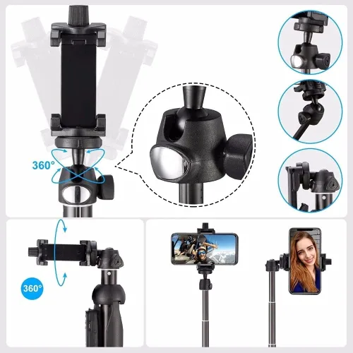 Vista 4 de Trípode monopie para selfie, largo extensible, con control remoto inalámbrico, soporte de clip para teléfono, compatible con iPhone y teléfono