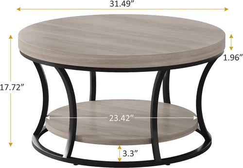 Vista 2 de Mesa de Centro Redonda para Sala de Estar, Mesa de Centro Circular de 2 Niveles con Almacenamiento, Mesa Central Decorativa de Diseño Moderno, Gris