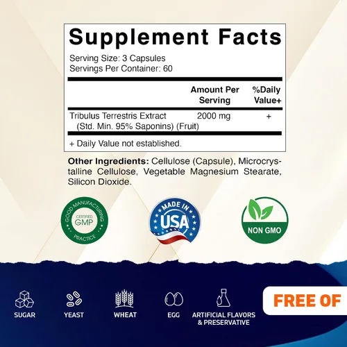 Vista 2 de Vitamatic Tribulus Terrestris para hombres, 2000 mg por porción, 95% de saponinas, 180 cápsulas vegetales, fabricadas en los Estados Unidos, sin