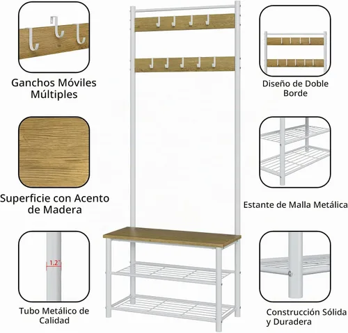 Vista 5 de Árbol de pasillo con banco y almacenamiento para zapatos, perchero para zapatos de 3 en 1, perchero de pie de madera independiente con marco