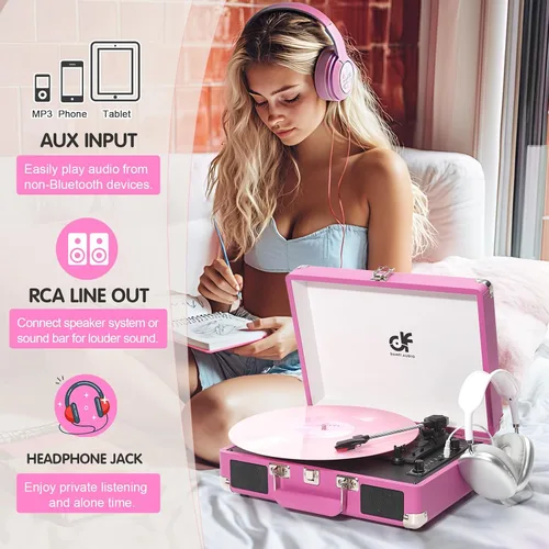 Vista 3 de Tocadiscos de vinilo Bluetooth, tocadiscos portátil vintage para maleta Rosa bebé