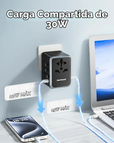 Vista 3 de TenTrend Adaptador de viaje universal, adaptador de corriente internacional de 30 W con 4 puertos USB-C y 1 USB-A, adaptador de enchufe de viaje
