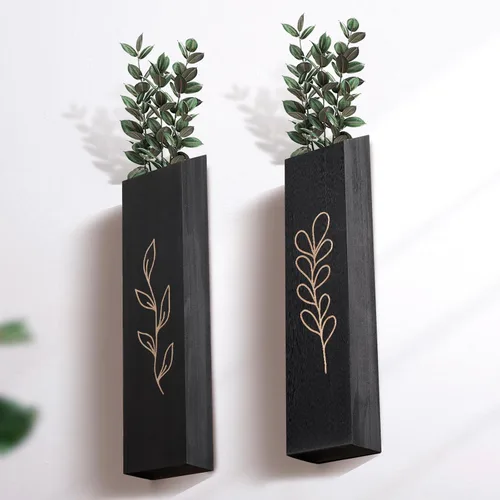 Vista 6 de Macetero de pared de madera, paquete de 4 jarrones de pared con bolsillo para interiores, decoración para sala de estar, dormitorio, flores secas