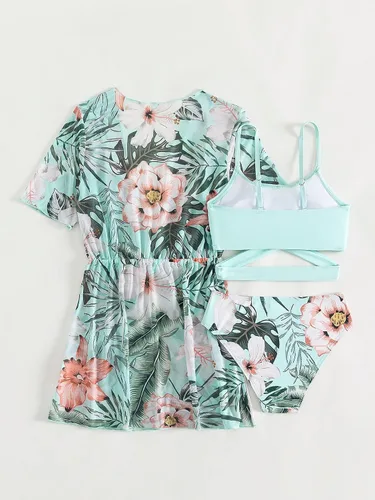 Vista 2 de MakeMeChic Traje de baño de 3 piezas para niña, lindo bikini floral con salida de baño