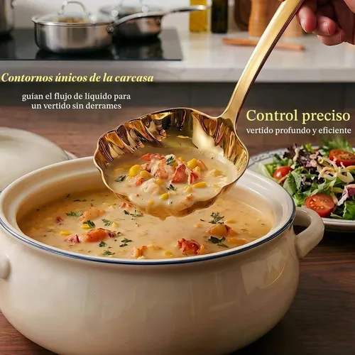 Vista 6 de Gold - Juego de 2 cucharones de sopa de acero inoxidable 18/10 de alta calidad con diseño artístico en forma de concha, cucharón pequeño de 9
